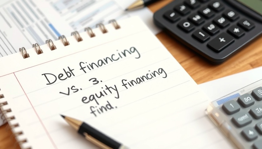 Debt vs equity financing note with documents and calculator.