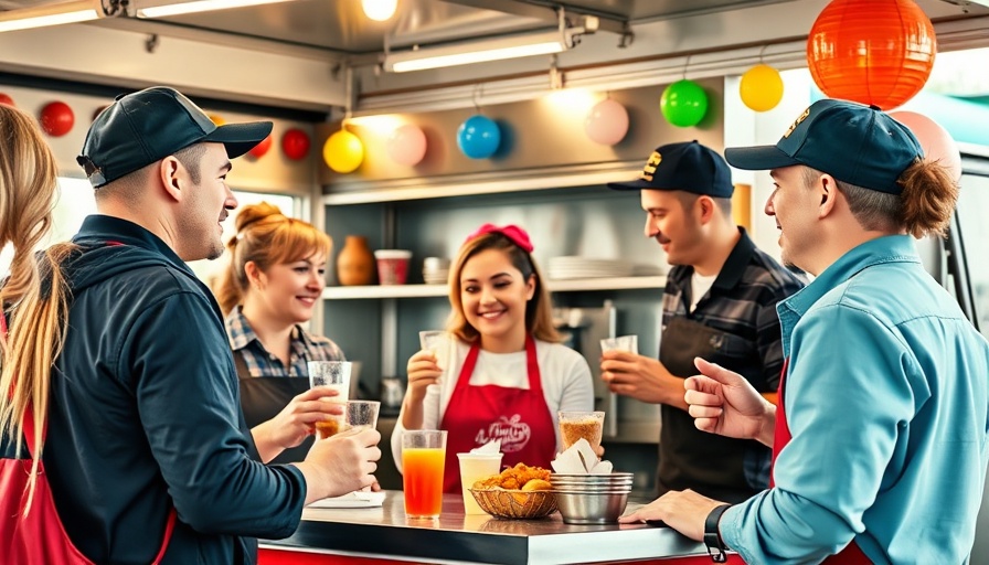 Friendly food truck staff serving customers, vibrant setting.