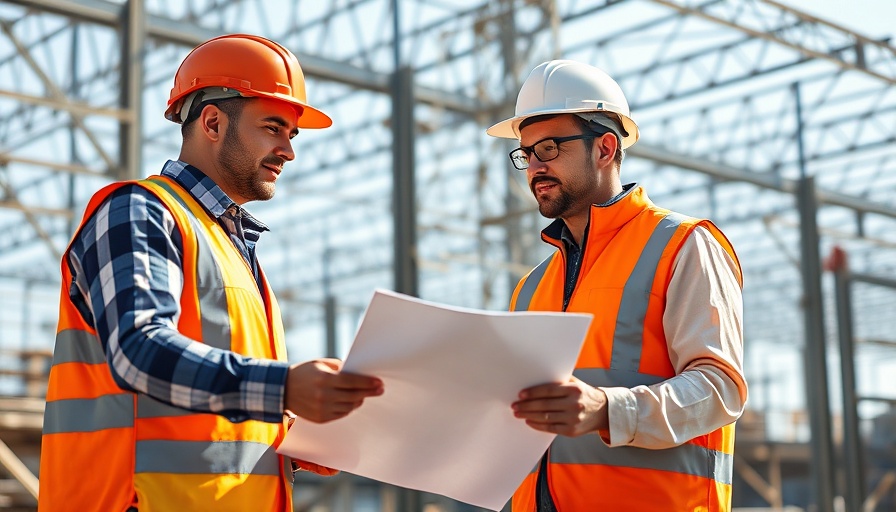 Construction workers on site discussing plans under bright sunlight.