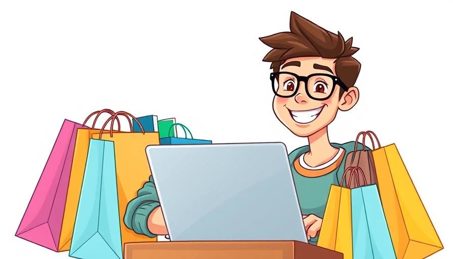 Animated man working on a laptop surrounded by shopping bags.