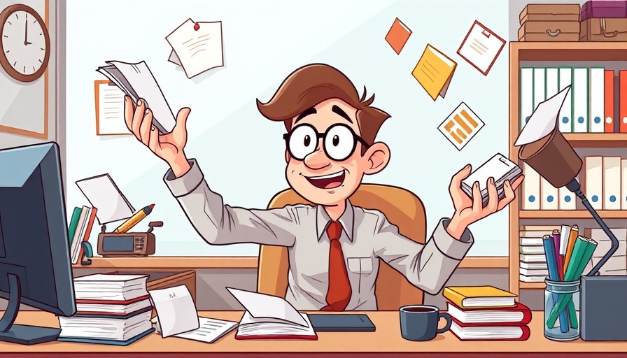 Cartoon of multitasking worker managing tasks at an office desk.