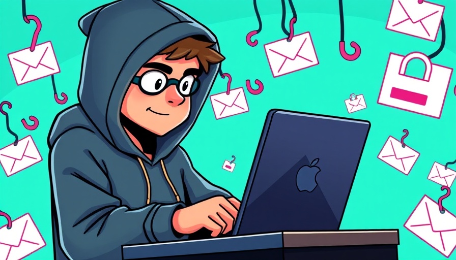 Cartoon hacker with laptop and phishing symbols illustrating scams targeting your small business.