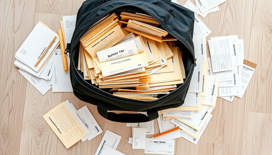 Organized tax documents spilling from a bag; Tips for Filing Business Taxes.