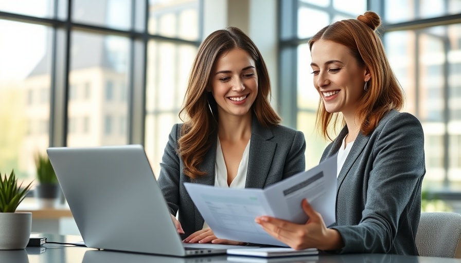 Woman improving small business credit score at modern office with documents.