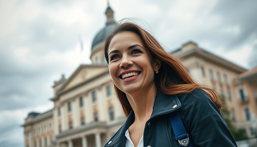 Cheerful woman smiling in front of iconic building, cloudy sky.