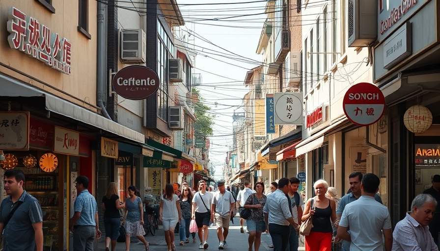 Urban street scene with small businesses and social interactions.