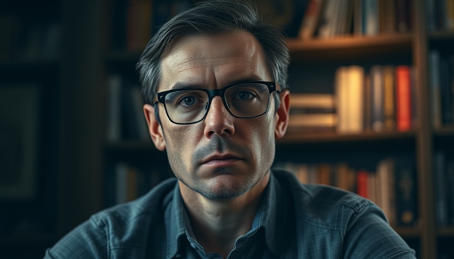 Man with glasses sitting in dim room, serious expression.