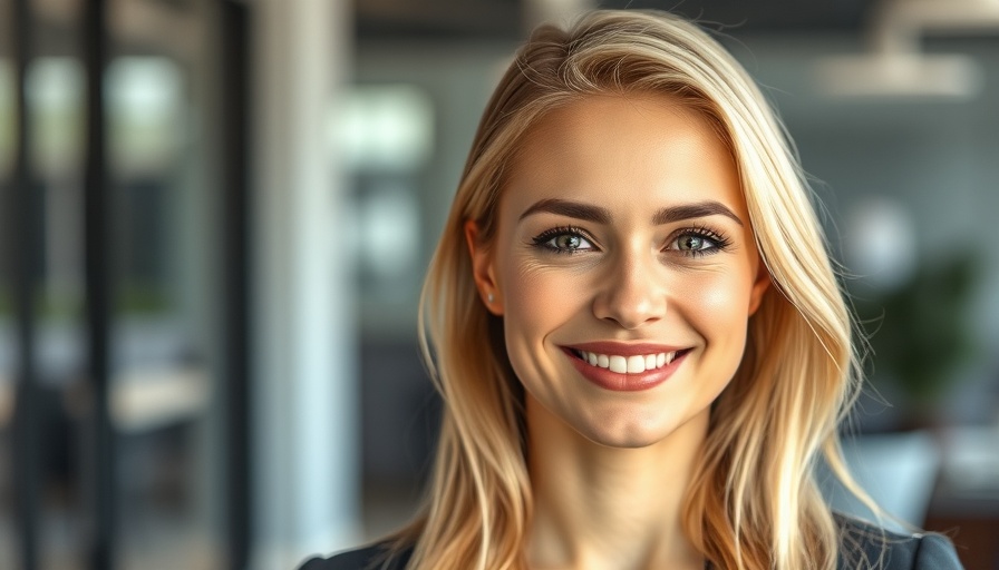 Blonde woman smiling in a modern office setting.