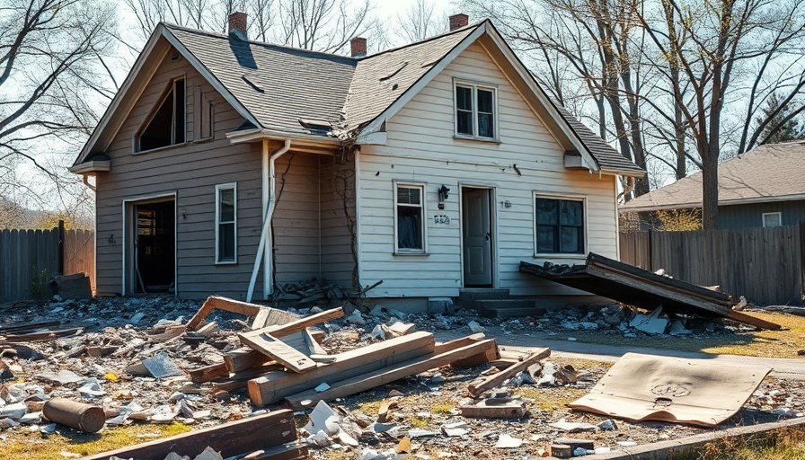 Damaged house illustrating destruction and mortgage implications.