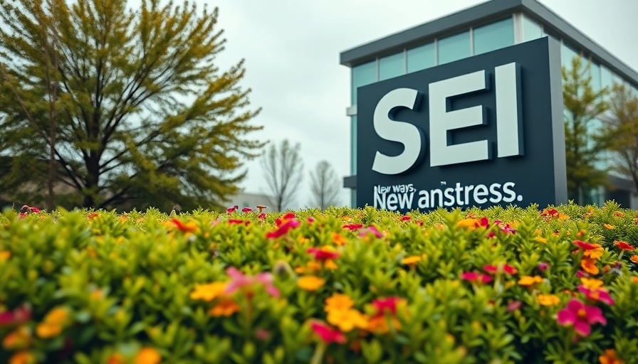 SEI sign near modern commercial building, lush landscaping.