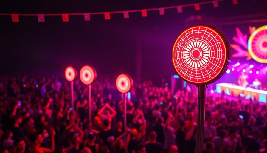 Vibrant friend-finding devices with colorful lights at music festival