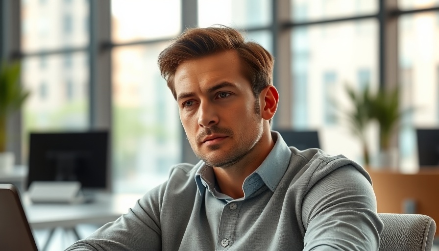 Thoughtful man in modern office setting, pondering strategies.