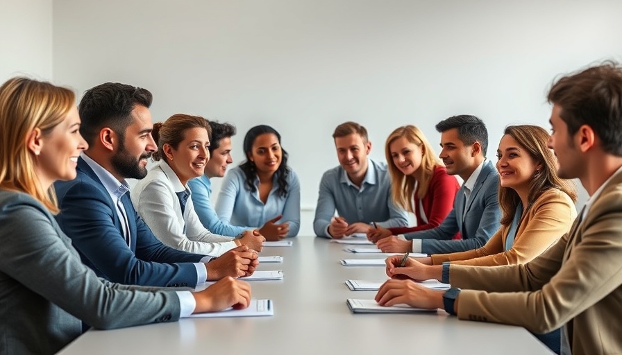 Diverse professionals discussing at a meeting, building a strong team concept.