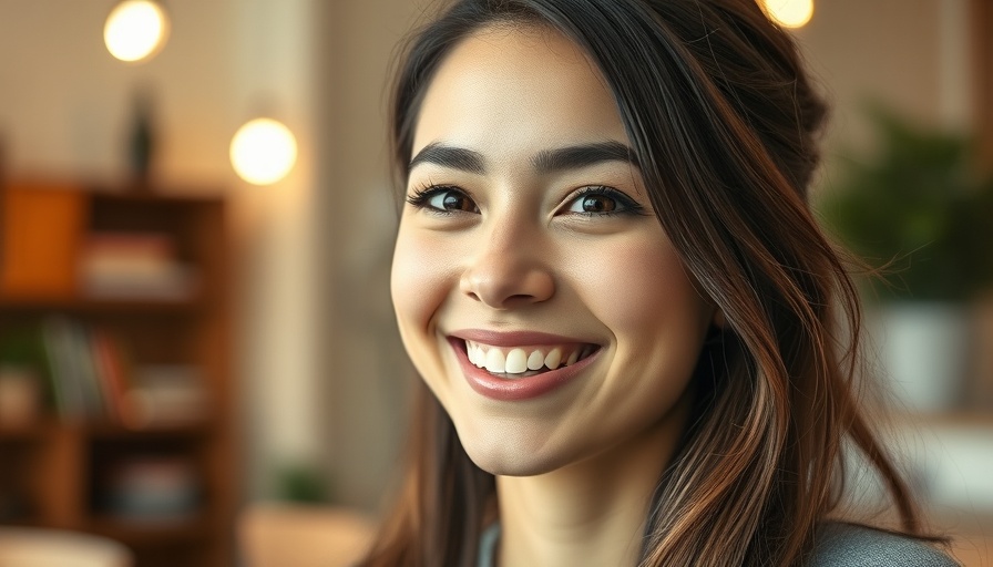 Young woman smiling warmly indoors, emphasizing positive leadership.