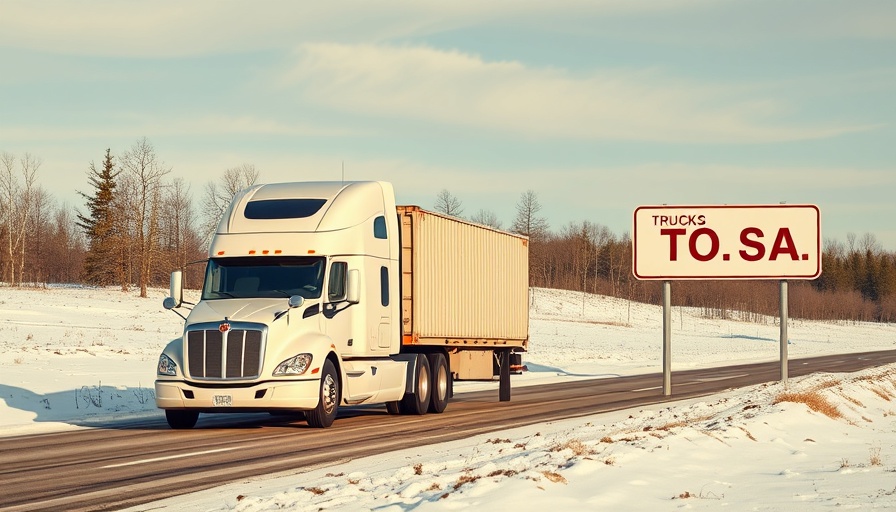 Truck approaching U.S. exit, illustrating tariffs on Canadian and Mexican imports.