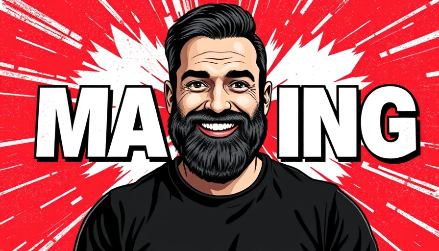 Graphic of man smiling with marketing theme background.