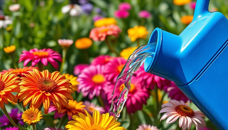 Summer watering tips shown through a vibrant garden scene.