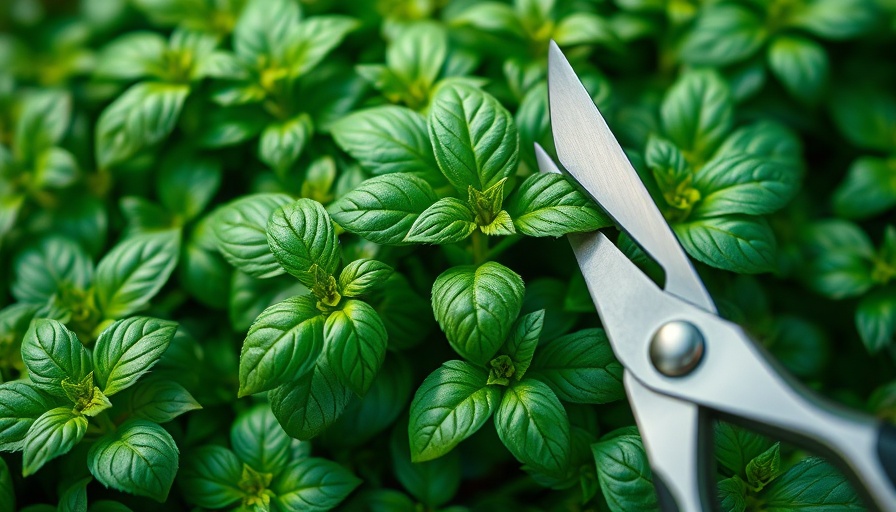 Herb pruning basics shown with scissors in basil garden.