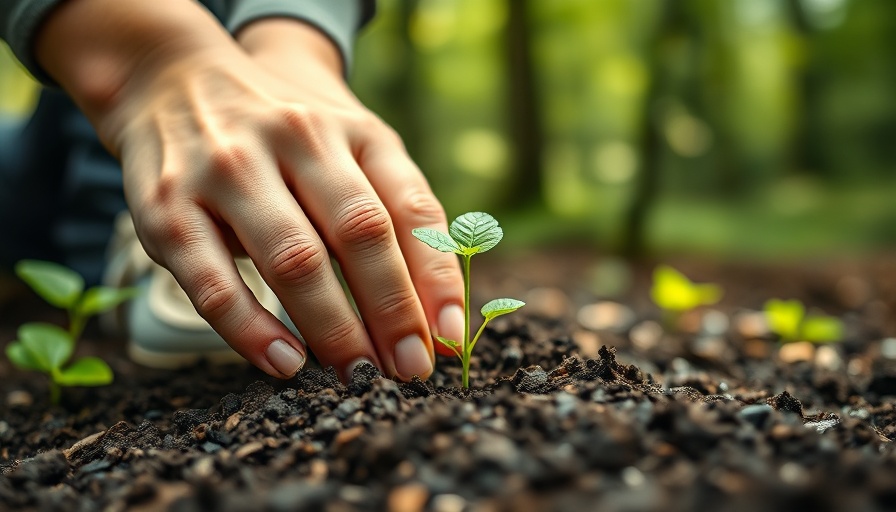 Hands nurturing a small seedling into soil outdoors