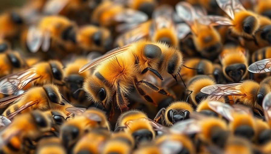 Close-up of queen bee surrounded by worker bees in hive.