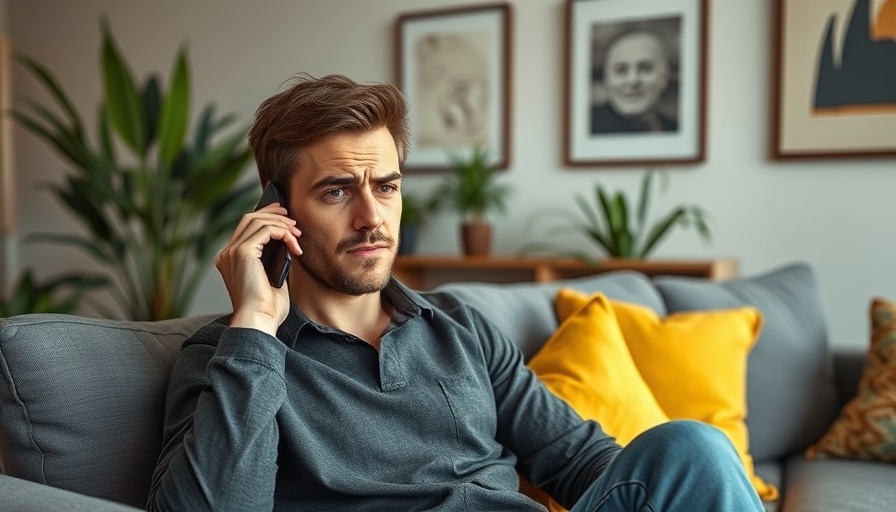 Concerned young man on phone discussing repayment applications in modern living room.