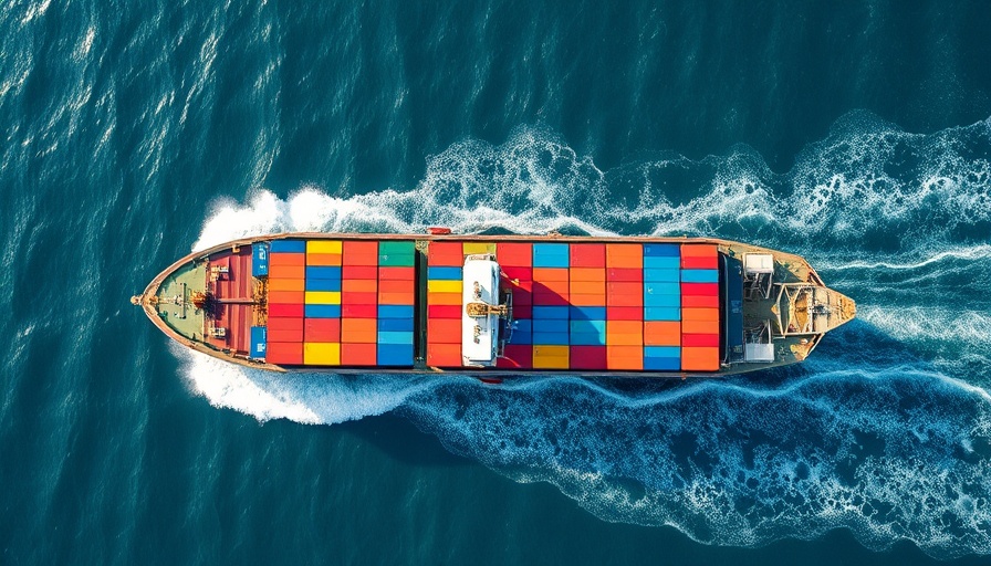 Aerial view of cargo ship at sea, vibrant containers, Trump's Shipbuilding Plan.