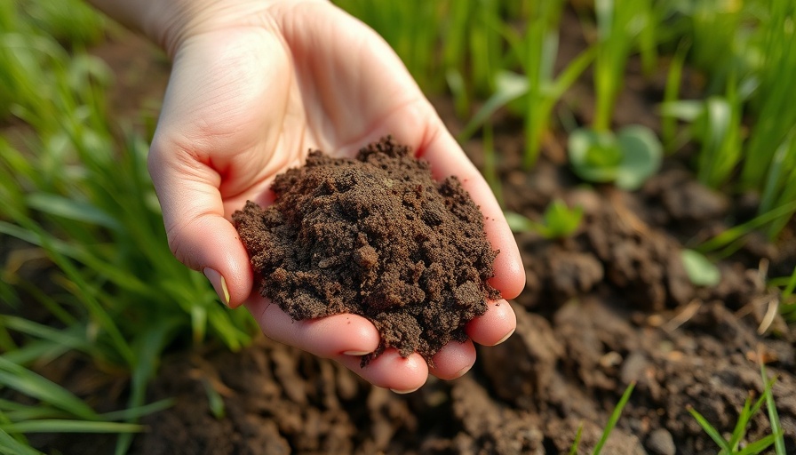 Close-up of hand with organic farming sludge on grass field.