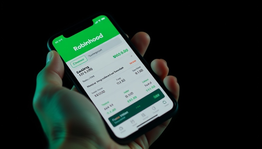 Robinhood app showing stock data and logo on a smartphone screen.