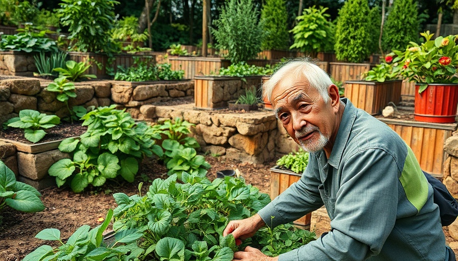 Man gardening in a Hügelkultur bed with lush greenery.