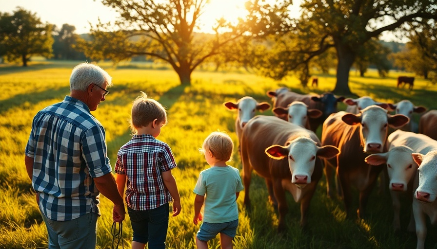 Family observing cows on a sunny farm, urban farming theme.