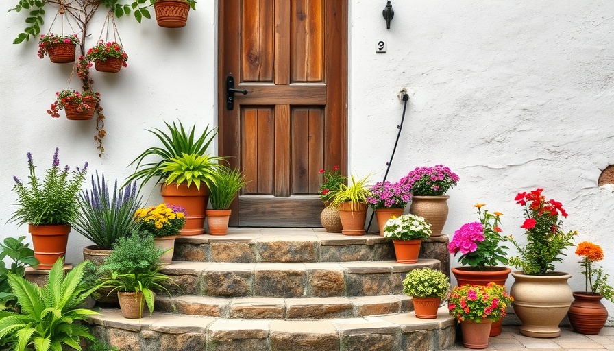 Charming front garden with potted plants on steps, showcasing stress-reducing greenery.