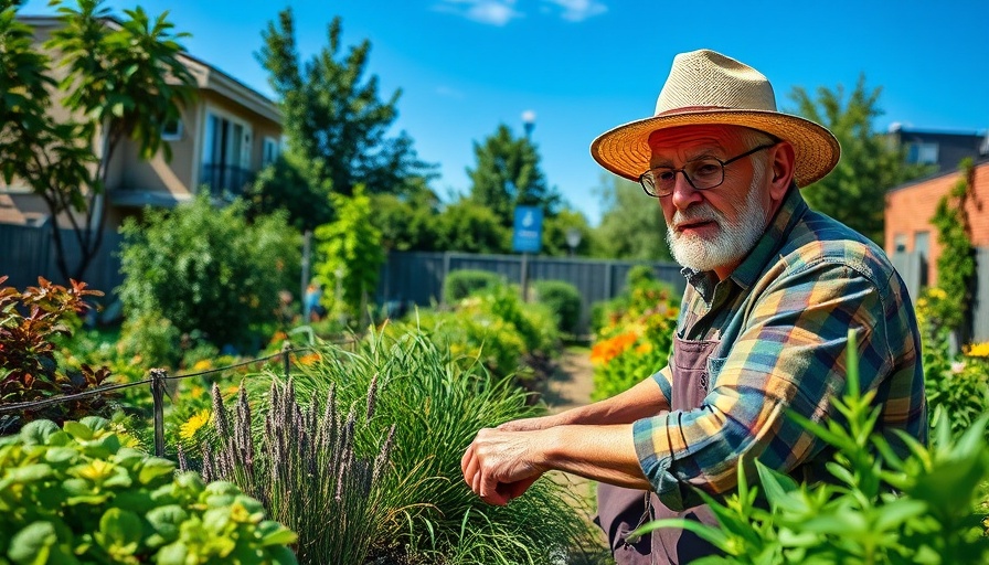 Elderly gardener in urban farming setting with vibrant plants.