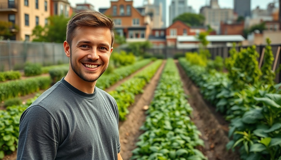 Urban farmer smiling in a Philadelphia community garden.