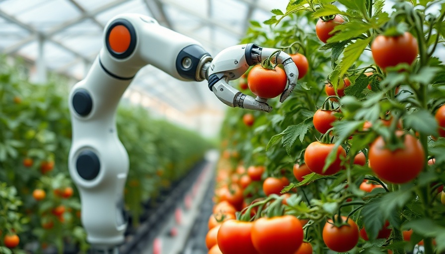 Robotic arm harvesting tomatoes in urban agriculture setup.