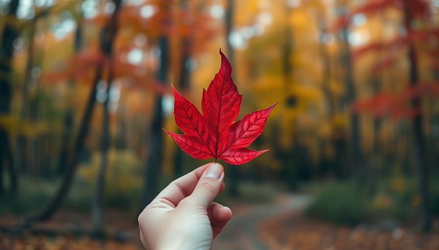 Hand holding a red leaf in autumn forest setting.