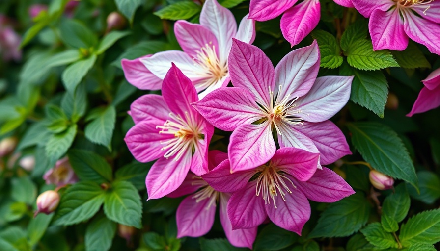 Close-up of pink and white clematis flowers in an urban garden.