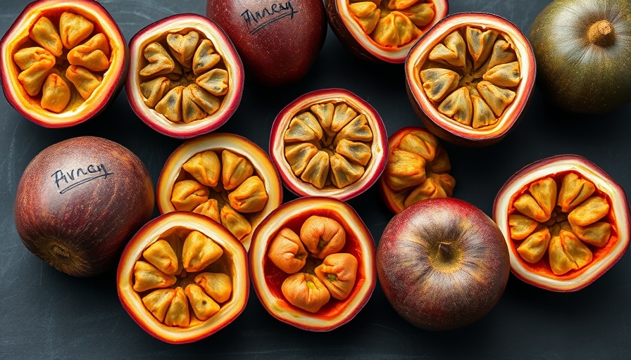 Vibrant passion fruits with labels on chalkboard.