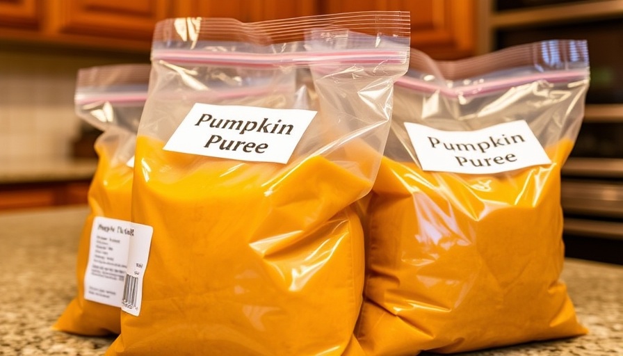 Close-up of labeled bags of frozen pumpkin puree.