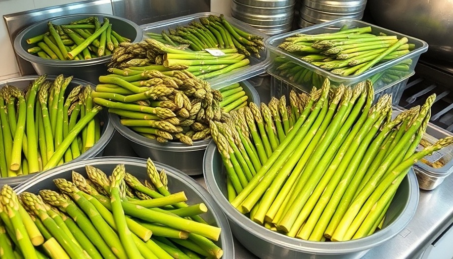 Fresh asparagus sorted for freezing in kitchen containers.