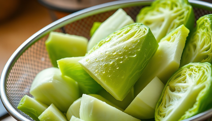 Fresh cabbage wedges in colander for freezing, best way to freeze cabbage.