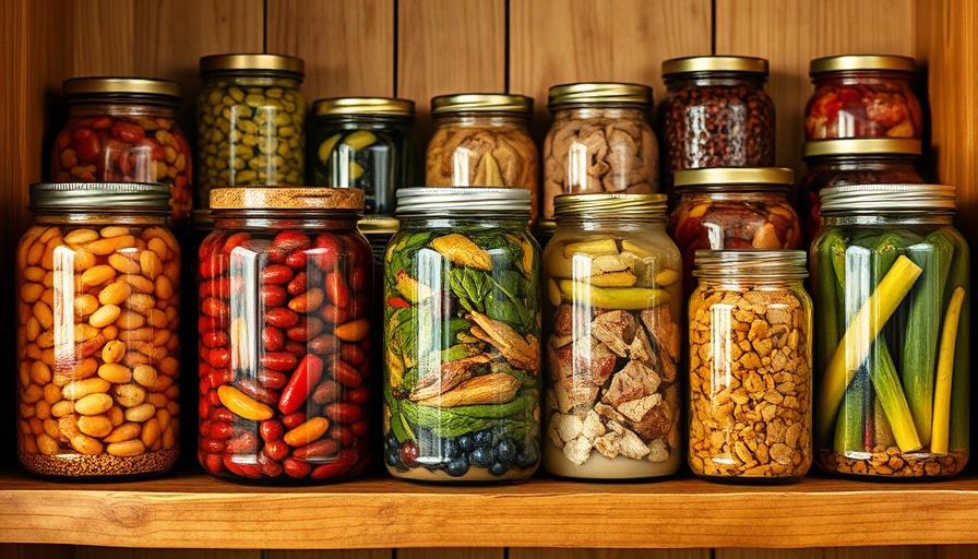 Jars of preserved food on a pantry shelf, survival food expiration signs.