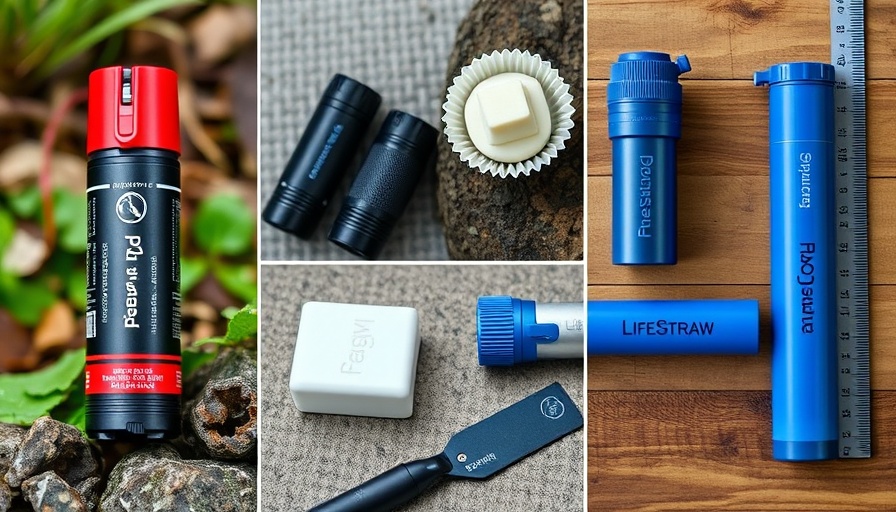 Minimalist get home bag essentials including LifeStraw, flashlights, and soap.