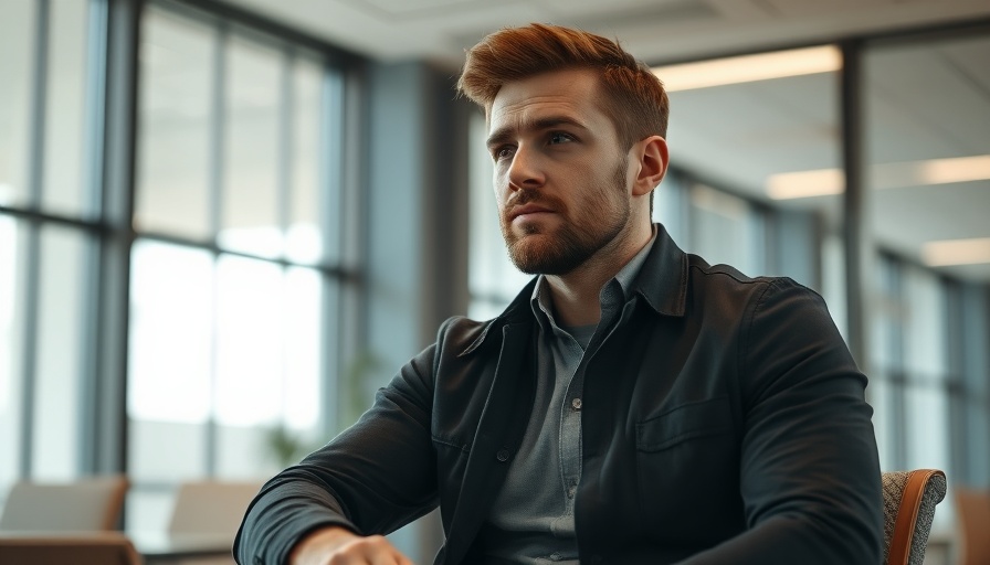 Thoughtful man in a modern office setting with large windows.