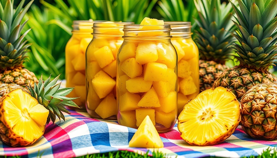 Jars of canned pineapple on a picnic cloth.