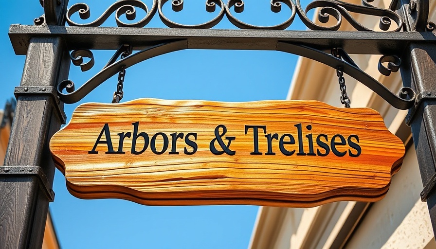 Arbors and trellises sign against blue sky, choosing garden structures.