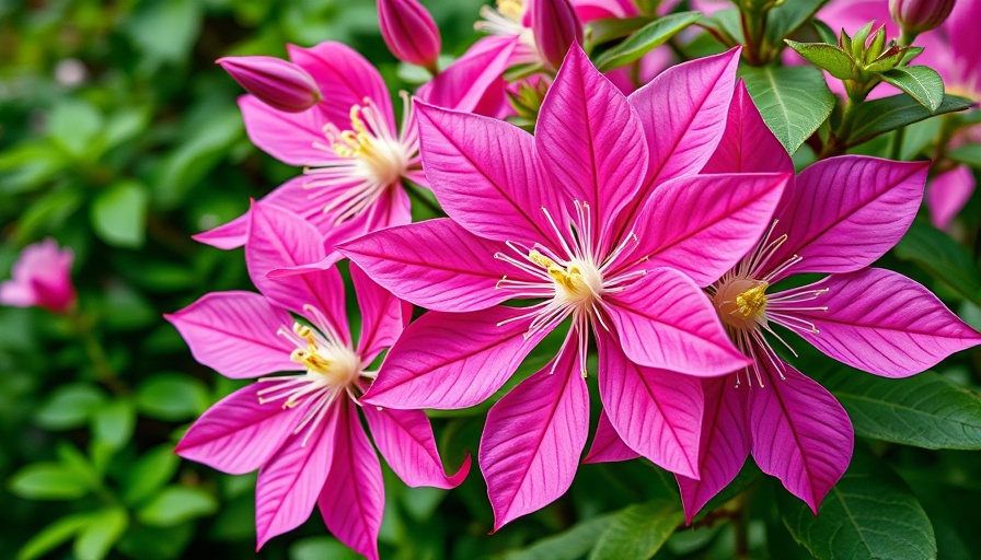 Vibrant pink clematis flowers blooming in a garden