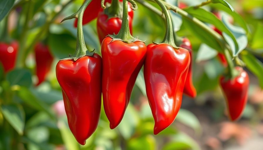 Vibrant habanero peppers growing on a plant, glistening in sunlight.