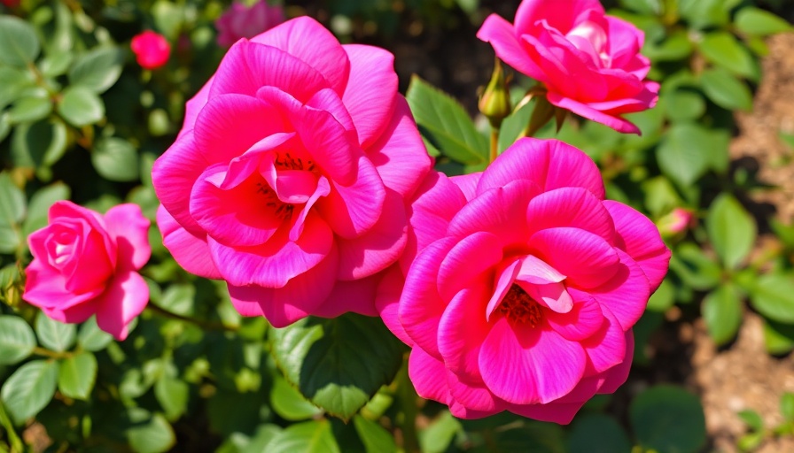 Vibrant pink roses in lush green garden.