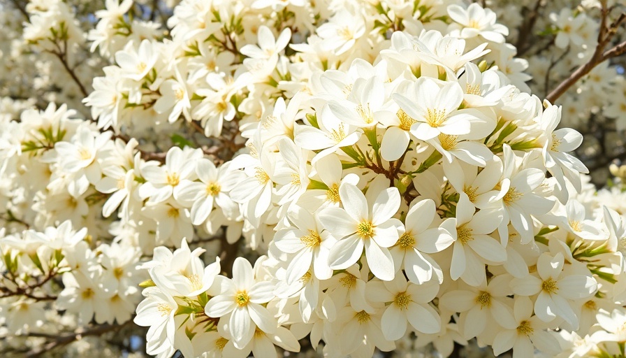 Blooming star magnolias with white petals in bright daylight.