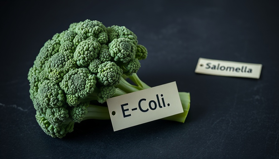 Broccoli with labels of foodborne pathogens highlighting food poisoning symptoms and prevention.